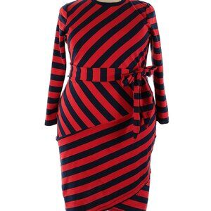 Eloquii- Asymmetrical Red & Navy Striped Dress w/matching Cinching Belt